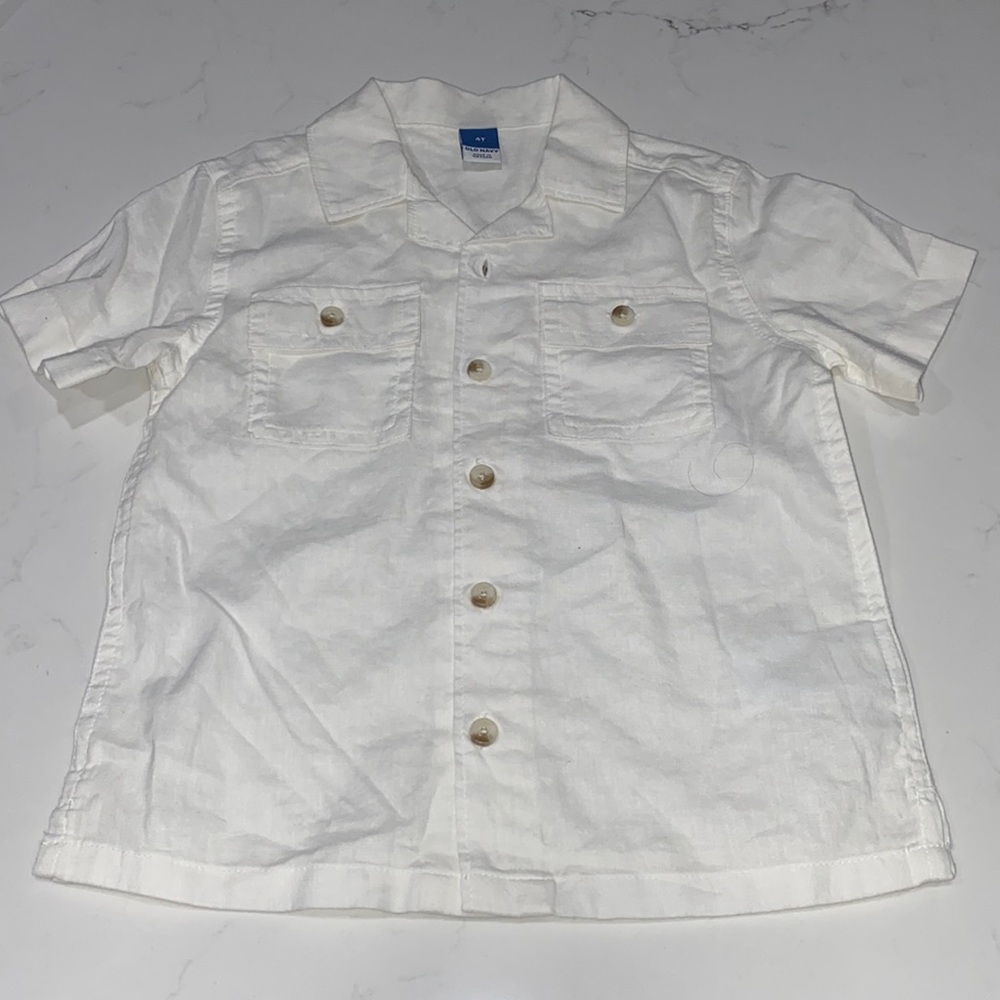 White Shirt Old Navy Cuban style Button Up Short Sleeve Collar Linen Blend 4T